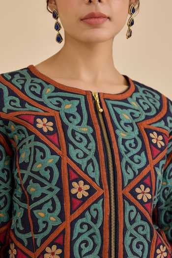 Ritu Kumar Blue Viscose, Dupion Round Neck Meera Quilted Jacket at Aza Fashions Ritu Kumar_Blue Viscose, Dupion Round Neck Meera Quilted Jacket _at_Aza_Fashions