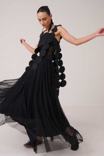 Chillosophy Black Satin, Net Kiki Layered Flared Skirt Online at Aza Fashions Chillosophy_Black Satin, Net Kiki Layered Flared Skirt _Online_at_Aza_Fashions
