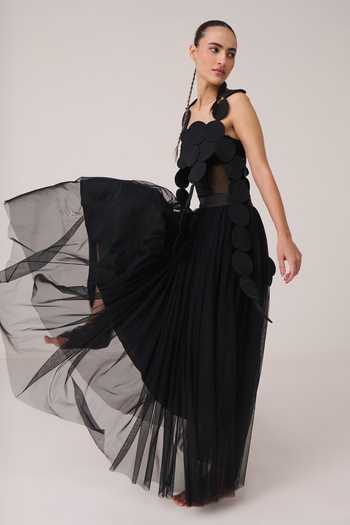 Shop Chillosophy Black Satin, Net Kiki Layered Flared Skirt Online at Aza Fashions Shop_Chillosophy_Black Satin, Net Kiki Layered Flared Skirt _Online_at_Aza_Fashions