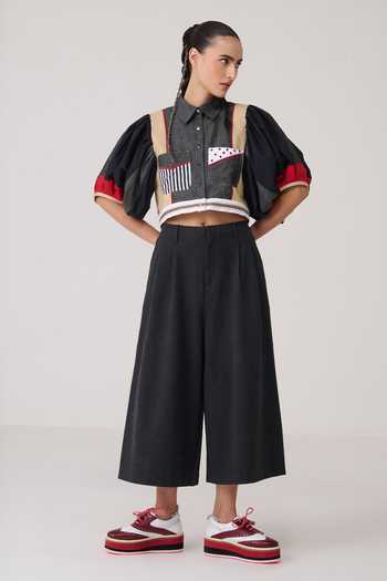 Shop_Chillosophy_Black Denim, Poplin, Twill Collared Neck Hebi Color Block Jacket _Online_at_Aza_Fashions