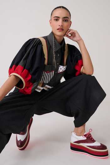 Chillosophy_Black Denim, Poplin, Twill Collared Neck Hebi Color Block Jacket _at_Aza_Fashions