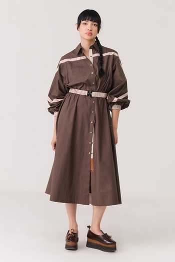 Chillosophy_Brown Satin, Poplin Collared Neck, Button-down Hatsu Contrast Trims Shirt Dress _Online_at_Aza_Fashions