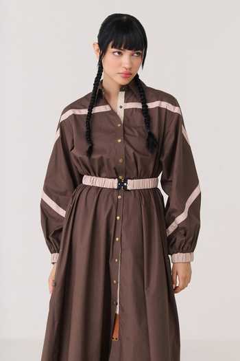 Buy_Chillosophy_Brown Satin, Poplin Collared Neck, Button-down Hatsu Contrast Trims Shirt Dress _Online_at_Aza_Fashions
