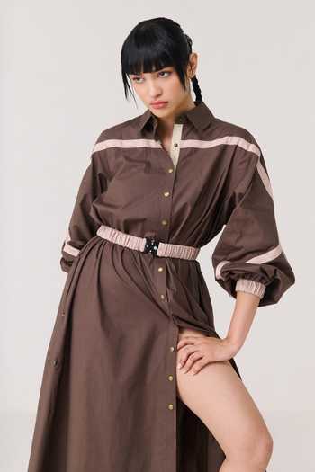 Shop_Chillosophy_Brown Satin, Poplin Collared Neck, Button-down Hatsu Contrast Trims Shirt Dress _Online_at_Aza_Fashions