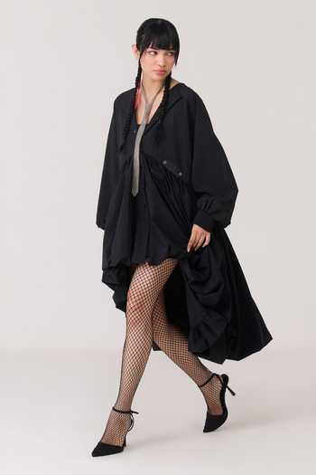 Chillosophy Black Satin, Viscose, Polyester Open Neck Toa Pleated Balloon Dress Online at Aza Fashions Chillosophy_Black Satin, Viscose, Polyester Open Neck Toa Pleated Balloon Dress _Online_at_Aza_Fashions