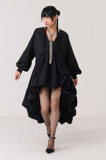 Buy Chillosophy Black Satin, Viscose, Polyester Open Neck Toa Pleated Balloon Dress Online at Aza Fashions Buy_Chillosophy_Black Satin, Viscose, Polyester Open Neck Toa Pleated Balloon Dress _Online_at_Aza_Fashions