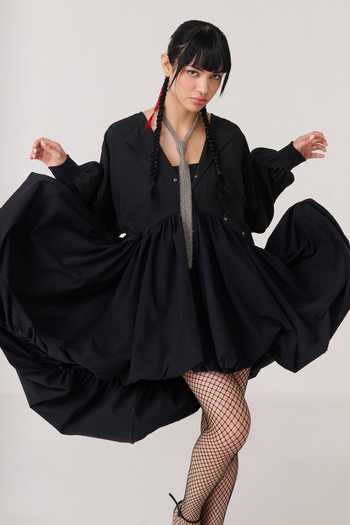 Shop Chillosophy Black Satin, Viscose, Polyester Open Neck Toa Pleated Balloon Dress Online at Aza Fashions Shop_Chillosophy_Black Satin, Viscose, Polyester Open Neck Toa Pleated Balloon Dress _Online_at_Aza_Fashions