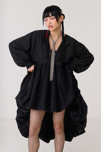 Chillosophy Black Satin, Viscose, Polyester Open Neck Toa Pleated Balloon Dress at Aza Fashions Chillosophy_Black Satin, Viscose, Polyester Open Neck Toa Pleated Balloon Dress _at_Aza_Fashions