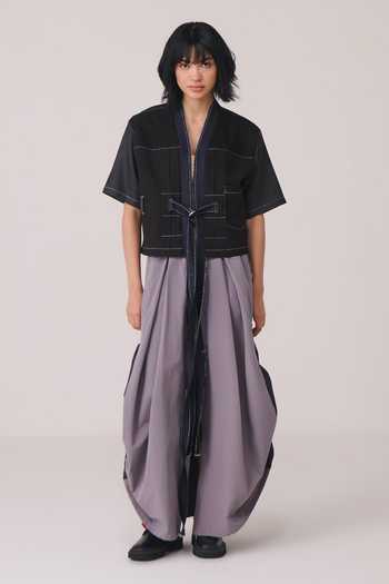 Chillosophy Black Denim Shawl Neck Nao Jacket Online at Aza Fashions Chillosophy_Black Denim Shawl Neck Nao Jacket _Online_at_Aza_Fashions