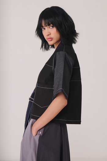 Chillosophy Black Denim Shawl Neck Nao Jacket at Aza Fashions Chillosophy_Black Denim Shawl Neck Nao Jacket _at_Aza_Fashions