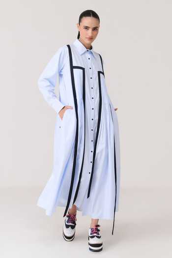 Chillosophy_Blue Satin, Bamboo Collared Neck Mei A-line Shirt Dress _Online_at_Aza_Fashions