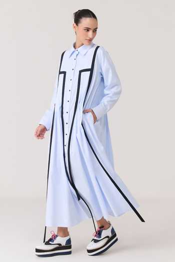 Buy_Chillosophy_Blue Satin, Bamboo Collared Neck Mei A-line Shirt Dress _Online_at_Aza_Fashions