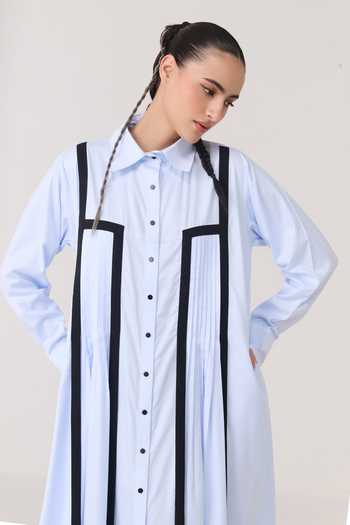 Shop_Chillosophy_Blue Satin, Bamboo Collared Neck Mei A-line Shirt Dress _Online_at_Aza_Fashions