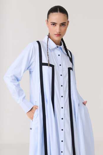 Chillosophy_Blue Satin, Bamboo Collared Neck Mei A-line Shirt Dress _at_Aza_Fashions