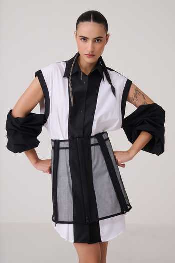 Chillosophy_Black Viscose, Poplin, Polyester Collared Neck Yori Oversized Shirt Dress _at_Aza_Fashions