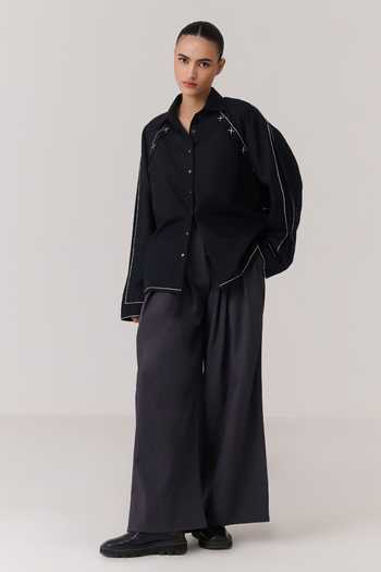 Chillosophy Black Linen Collared Neck Mizu Shirt Online at Aza Fashions Chillosophy_Black Linen Collared Neck Mizu Shirt _Online_at_Aza_Fashions