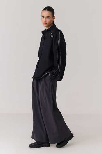 Shop Chillosophy Black Linen Collared Neck Mizu Shirt Online at Aza Fashions Shop_Chillosophy_Black Linen Collared Neck Mizu Shirt _Online_at_Aza_Fashions