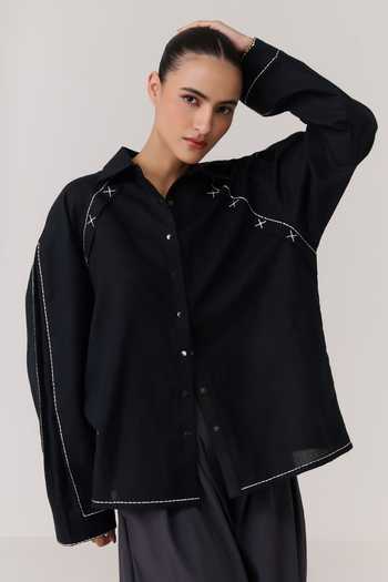Chillosophy Black Linen Collared Neck Mizu Shirt at Aza Fashions Chillosophy_Black Linen Collared Neck Mizu Shirt _at_Aza_Fashions