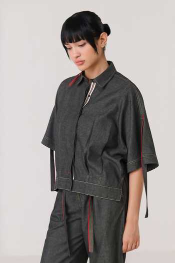 Shop Chillosophy Red Denim Mandarin Collar Fuji Jacket Online at Aza Fashions Shop_Chillosophy_Red Denim Mandarin Collar Fuji Jacket _Online_at_Aza_Fashions