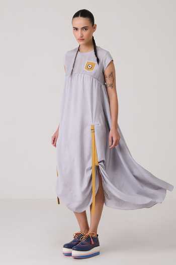 Chillosophy_Grey Silk, Viscose, Polyester Round Neck Kimi Mesh Yoke A-line Dress _Online_at_Aza_Fashions