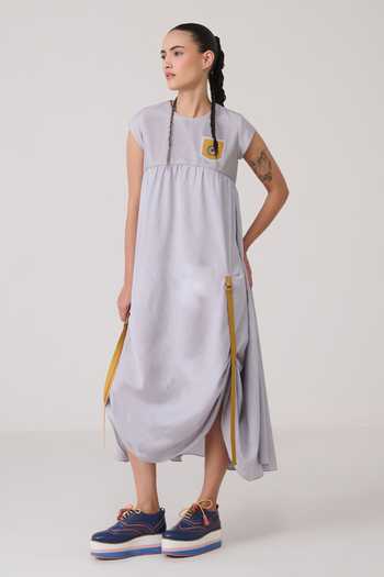 Buy_Chillosophy_Grey Silk, Viscose, Polyester Round Neck Kimi Mesh Yoke A-line Dress _Online_at_Aza_Fashions