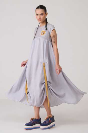 Shop_Chillosophy_Grey Silk, Viscose, Polyester Round Neck Kimi Mesh Yoke A-line Dress _Online_at_Aza_Fashions