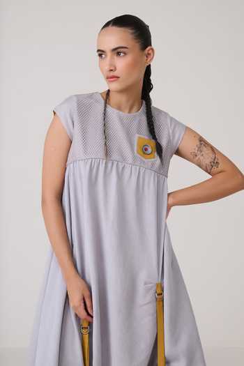 Chillosophy_Grey Silk, Viscose, Polyester Round Neck Kimi Mesh Yoke A-line Dress _at_Aza_Fashions