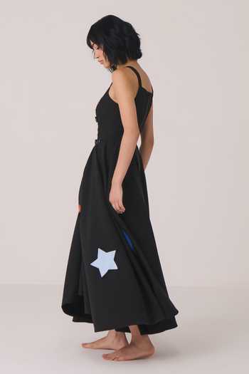 Chillosophy_Black Crepe, Viscose, Polyester Square Neck Niko Heart Embroidered Dress _Online_at_Aza_Fashions