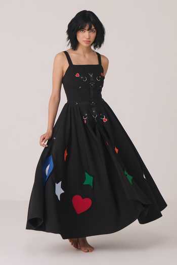 Buy_Chillosophy_Black Crepe, Viscose, Polyester Square Neck Niko Heart Embroidered Dress _Online_at_Aza_Fashions