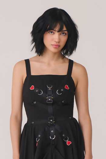 Shop_Chillosophy_Black Crepe, Viscose, Polyester Square Neck Niko Heart Embroidered Dress _Online_at_Aza_Fashions