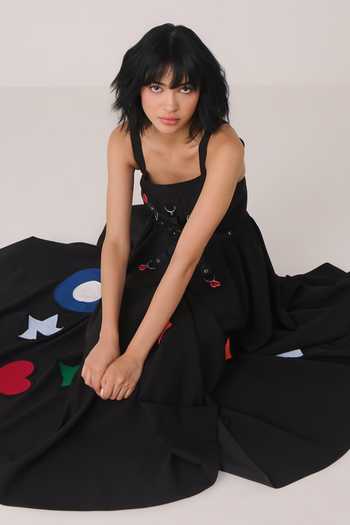 Chillosophy_Black Crepe, Viscose, Polyester Square Neck Niko Heart Embroidered Dress _at_Aza_Fashions