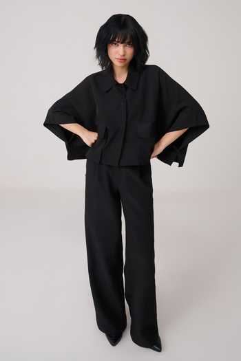 Chillosophy Black Crepe Collared Neck Nami Cropped Cape Style Shacket Online at Aza Fashions Chillosophy_Black Crepe Collared Neck Nami Cropped Cape Style Shacket _Online_at_Aza_Fashions