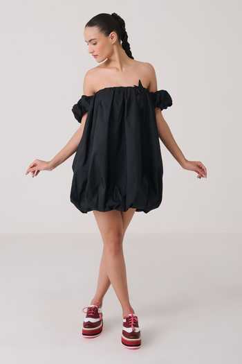 Chillosophy Black Viscose, Taffeta, Polyester Off-shoulder Koemi Dress Online at Aza Fashions Chillosophy_Black Viscose, Taffeta, Polyester Off-shoulder Koemi Dress _Online_at_Aza_Fashions