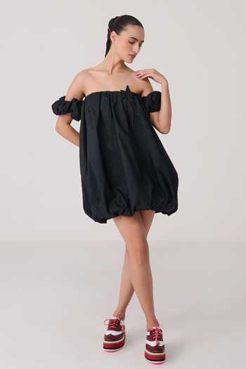 Shop Chillosophy Black Viscose, Taffeta, Polyester Off-shoulder Koemi Dress Online at Aza Fashions Shop_Chillosophy_Black Viscose, Taffeta, Polyester Off-shoulder Koemi Dress _Online_at_Aza_Fashions