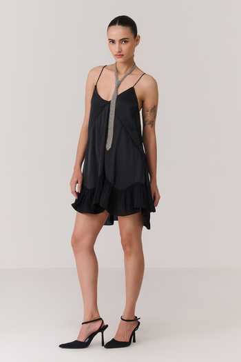 Chillosophy Black Satin V-neck Dai Spaghetti Strapped Dress Online at Aza Fashions Chillosophy_Black Satin V-neck Dai Spaghetti Strapped Dress _Online_at_Aza_Fashions