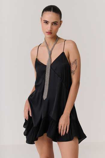 Shop Chillosophy Black Satin V-neck Dai Spaghetti Strapped Dress Online at Aza Fashions Shop_Chillosophy_Black Satin V-neck Dai Spaghetti Strapped Dress _Online_at_Aza_Fashions
