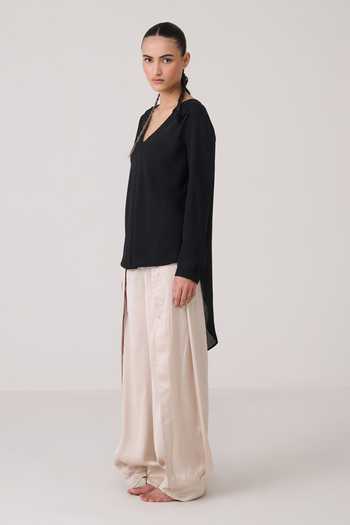 Chillosophy Black Crepe V-neck Umi Asymmetric Top Online at Aza Fashions Chillosophy_Black Crepe V-neck Umi Asymmetric Top _Online_at_Aza_Fashions