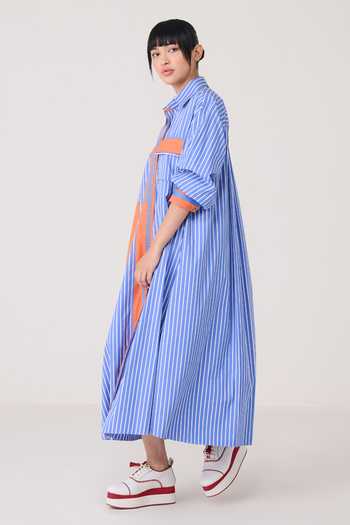 Chillosophy_Blue Poplin Collared Neck Aki Oversized Striped Shirt Dress _Online_at_Aza_Fashions