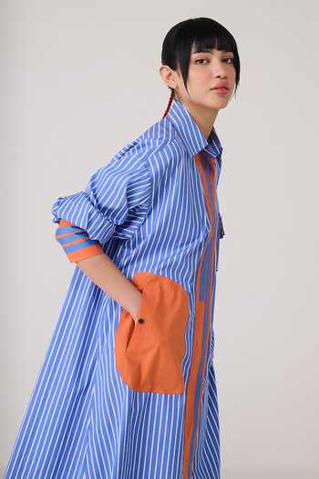 Chillosophy_Blue Poplin Collared Neck Aki Oversized Striped Shirt Dress _at_Aza_Fashions