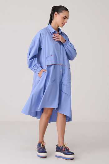 Buy_Chillosophy_Blue Poplin Collared Neck Daiki A-line Shirt Dress _Online_at_Aza_Fashions