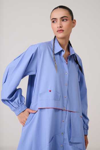 Chillosophy_Blue Poplin Collared Neck Daiki A-line Shirt Dress _at_Aza_Fashions