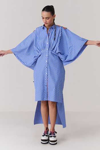 Chillosophy_Blue Poplin Button-down Neck Riko Kimono Striped Shirt Dress _Online_at_Aza_Fashions