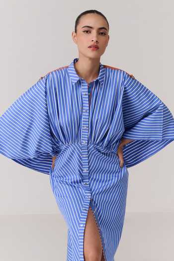 Buy_Chillosophy_Blue Poplin Button-down Neck Riko Kimono Striped Shirt Dress _Online_at_Aza_Fashions