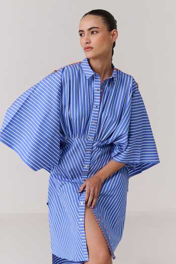 Shop_Chillosophy_Blue Poplin Button-down Neck Riko Kimono Striped Shirt Dress _Online_at_Aza_Fashions
