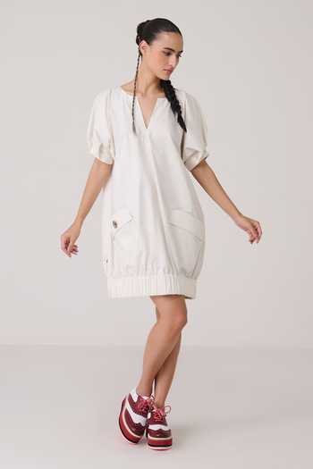 Chillosophy Ivory Poplin V-neck Emi Puff Sleeve Dress Online at Aza Fashions Chillosophy_Ivory Poplin V-neck Emi Puff Sleeve Dress _Online_at_Aza_Fashions