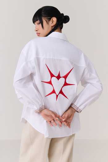 Shop Chillosophy White Poplin, Denim Collared Neck Oni Heart Embroidered Back Shirt Online at Aza Fashions Shop_Chillosophy_White Poplin, Denim Collared Neck Oni Heart Embroidered Back Shirt _Online_at_Aza_Fashions