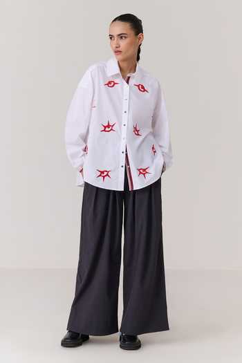 Chillosophy_White Denim, Poplin Collared Neck Zyro Eye-catching Embroidered Shirt _Online_at_Aza_Fashions