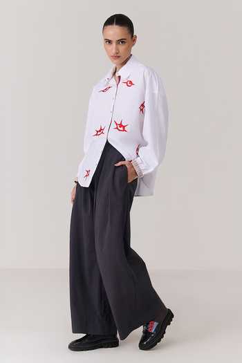 Buy_Chillosophy_White Denim, Poplin Collared Neck Zyro Eye-catching Embroidered Shirt _Online_at_Aza_Fashions