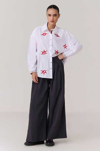 Shop_Chillosophy_White Denim, Poplin Collared Neck Zyro Eye-catching Embroidered Shirt _Online_at_Aza_Fashions