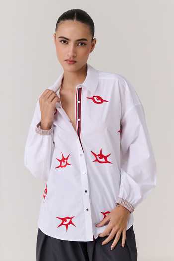 Chillosophy_White Denim, Poplin Collared Neck Zyro Eye-catching Embroidered Shirt _at_Aza_Fashions